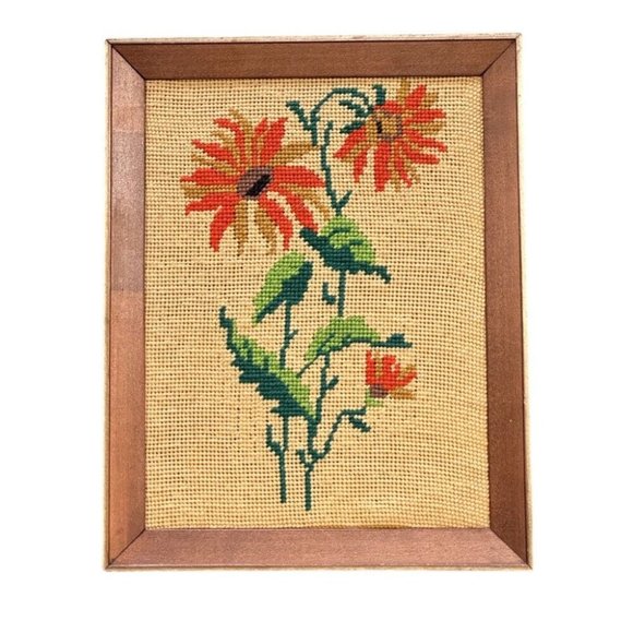 Unbranded Other - Cross Stitch Floral 10x13 burlap completed picture with frame VINTAGE 1970's